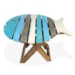 Small Wooden Folding Fish Shaped Side Table with Distressed Finish | Blue and Whitewash Wood Colours | Bring a Simple Seaside Feel to Any Room or Would fit into a Nautical Themed Room