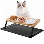 Otoomenz 3PCS Cat Bowl, Ceramic Cat Food Bowls With 15° Tilted Wood Stand,Raised Cat Bowls for Food and Water, Bamboo Cat Feeding Station with Cat Food Mat for Cats and Puppy