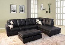 The Cozy Couch - Selma Solid Wood Left Hand Facing Sectional Sofa & Chaise with Ottoman in Faux Leather Upholstery (Black), Orientation LHS.