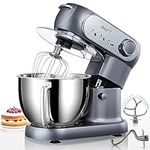 GEFT Stand Mixer, 6 QT 600W Tilt-Head Dough Mixer, 6+P speed Mixers Kitchen Electric Stand Mixer with Stainless Steel Bowl, Dishwasher-Safe Dough Hook, Flat Beater, Wire Whisk, Splash Guard, Grey