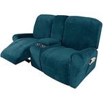 GYHH Reclining Love Seat with Middle Console Slipcover, 8-Piece Velvet Stretch Loveseat Reclining Sofa Covers, 2 Seat Thick Loveseat Recliner Cover (Stone Blue)