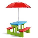 COSTWAY Kids Picnic Table, Indoor & Outdoor Table and Bench Set with Removable Umbrella, Children Garden Furniture Parasol for Girls Boys (Green + Red + Blue)