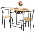 VECELO 3 Piece Small Round Dining Table Set for Kitchen Breakfast Nook, Wood Grain Tabletop with Wine Storage Rack, Save Space, Natural & Black