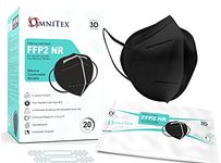 Omnitex FFP2 Black Face Mask - Box of 20, Individually Wrapped | High Filtration - 5 Layers | EN149 CE Certified | Hypoallergenic | Fluid Resistant | Adaptable Nose Bridge | 5x Extenders