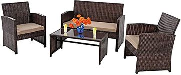 FDW 4 Pieces Rattan Wicker Conversation Set Lawn Chairs Porch Poolside Balcony Garden Outdoor Furniture,Brown