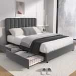 VECELO Full Size Upholstered Bed Frame with 4 Drawers and Adjustable Headboard, Velvet Platform Storage Bedframe Mattress Foundation, Wooden Slats Support, No Box Spring Needed, Dark Grey