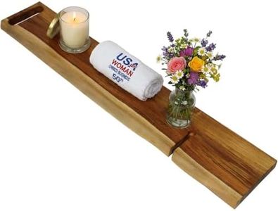 EcoDecors Eleganto 50" Live Edge Solid Teak Bath Caddy Tray with Handle, Book & Tablet Holder, Wine Glass Holders, Luxury Bathtub Tray