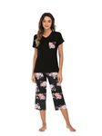 Famulily Ladies Pyjamas Set Short Sleeve Pj Set Soft Sleepwear Casual Top & Floral Cropped Pants Super Soft Sleepwear Loungewear Cotton Nightwear Black L