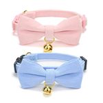 Petiry Quick Release Cat Collar,Corduroy Breakaway Pink Kitten Collar With Removeable BowTie and Gold Bell,Pack of 2,Blue Pink