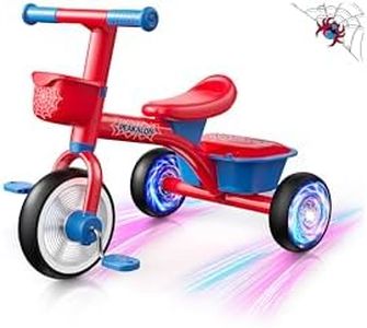 Toddler Tricycle for 1-3 3-5 Years Old Boys Girls, Spider Colorful Lighting Toddler Bike with Adjustable Seat & Removable Basket, Idea Birthday Gift and Toy for Age 1 2 3 4 5 Kids Outdoor Balance