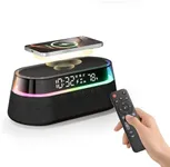 6-in-1 Bluetooth Speaker Alarm Clock with Remote, 15W Fast Wireless Charger, FM Radio & Dimmable LED Night Light, Portable Speaker 1800mAh, Snooze 12 24H Dual Digital Clock for Bedroom Home Office