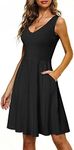 HUHOT Women's Black Dresses for Women Casual Cotton Sleeveless V Neck Dress with Pocket Summer Beach Midi Flared Tank Sundress