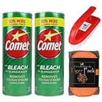 Comet Cleaner Total Kitchen and Bathroom Cleaner Kit - Two 21 Oz Canisters Comet Cleanser Powder with Bleach - Tough Scrub Sponge - Scrub Brush - Foxtrot Microfiber Towel
