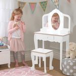 GarveeHome Kids Vanity with Light, Girls Vanity Set with Mirror, Stool Drawer and Pretend Makeup Playset, Wooden Princess Makeup Desk Dressing Table, Toddler Vanity, White (Batteries Not Included)