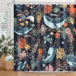 BIYSUC Kids Whale Shower Curtain Cartoon Underwater Sea Animal Shark Funny Turtle Cute Fish Fun Octopus Blue Ocean Bathroom Decor Waterproof Polyester Fabric 72Lx72W Inch with Hooks