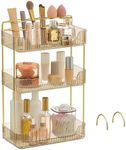 SONGMICS Makeup Organizer, 3-Tier Skincare Organizer Countertop, Customizable, 2 Types of Accessories, Jewelry Holder, for Vanity, Bedroom, Bathroom, Champagne Gold UJKA013A01