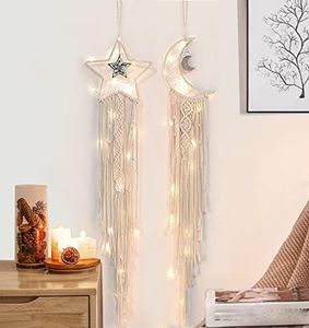 Dream Catchers, Star Moon Dream Catcher with Lights- Macrame Dreamcatcher Bedroom Wall Decor, Girls Room Decor Teenager, Dream Catcher for Girls Boys Adults Mom, Dream Catchers Boho Bedroom Decoration