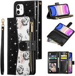 UEEBAI Wallet Case for iPhone 11 6.1 inch, Glitter PU Leather Magnetic Closure Handbag Zipper Pocket Case Kickstand Card Holder Slots with Wrist Strap TPU Shockproof Flip Cover - Bling Black