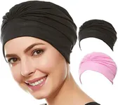 Beemo Swim Caps for Women Swimming Turban Polyester Latex Lined Pleated for Ladies-2pk BLK/LP