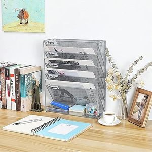 Catekro 5 Tier Wall File Holder Organiser, Wall Mounted Magazine Rack, Mesh Paper Tray Storage Organiser, Mesh Organiser for Papers Letters Documents and Stationery for Home and Office(Silver)