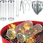 McKay Rolling BBQ Grilling Basket 2 Pcs Set | Portable, Durable Stainless Steel, Perfect for Barbecue & Outdoor Cooking- Rotating Grill Accessories Mesh Net Tube Cylinder for Delicious Meals, Veggies