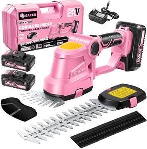Saker Cordless Hedge Trimmer-20V Electric Shrub Trimmer Grass Shears Handheld Grass Cutter, Hedge Shear with 2 PCS Rechargeable Battery and Charger for Garden, Lawn(Pink)