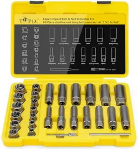 Topec Deep Bolt Extractor Set 28PCS, 3/8" Drive Bolt Extractor Kit, Spark Plug Extractor Socket Set, Lug Nut Removal Tool for Stripped, Broken, Rounded Bolts Lug Nut Stud Remove