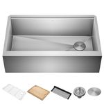 KRAUS Kore Workstation 33-inch Farmhouse Flat Apron Front 16 Gauge Single Bowl Stainless Steel Kitchen Sink with Integrated Ledge and Accessories (Pack of 5), KWF410-33