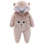 Baby Winter Hooded Romper Fleece Snowsuit Jumpsuit Cartoon Cat Outfits , Brown, 6-9 Months