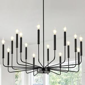 Qamra Farmhouse Black Chandelier for Dining Room, 16-Light Modern Candle Chandelier Light Fixture, Rustic Industrial Hanging Chandeliers Lighting for Living Room, Kitchen, Staircase, Entryway
