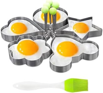 5 Pcs Pancake Mold Set – Stainless Steel Pancake Molds for Griddle with Fun Shapes, Comfortable Handles, and Non-Slip Design – Egg Shaper for Frying Pan With Silicone Brush for Easy Use & Cleaning