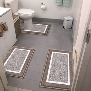 HEBE Bath Rug Sets 3 Piece for Bathroom Non Slip Bath Mat Set with U-Shaped Contour Mat Toilet Rug Absorbent Shower Rugs Washable Bath Rug Set for Tub, Shower, and Bathroom