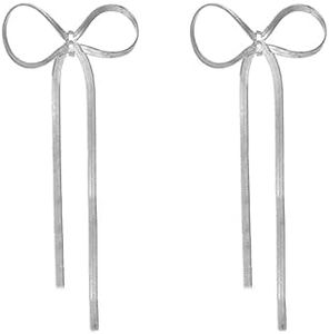 LOKLIFFAI 925 Sterling Silver Bow Drop Dangle Earrings for Women Girls Long Tassel Chain Earrings Wedding Statement Jewelry, Zinc, No Gemstone