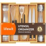 Lifewit Utensil Drawer Organiser, Expandable Large Cutlery Tray for Kitchen, Bamboo Silverware Flatware Holder, Wood Adjustable Kitchen Spatula Tools and Gadgets Storage Divider, Large, Natural