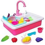 Kids Play Kitchen Sink Toy Set, Children's Toy Set Accessories with Real Faucets Running Water, Pots and Pans, Fruit and Vegetable Cutting Game, Birthday Gift for Toddlers Boys Girls 3+ (Pink)