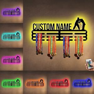 XIAO.Z Personalized Metal Judo Medal Hanger Holder Display Rack for Awards Ribbons With Led Light- Custom Sports Medal Holder for Wall,Medal Hanger Display Award Rack With Boy Girl Kid's Name