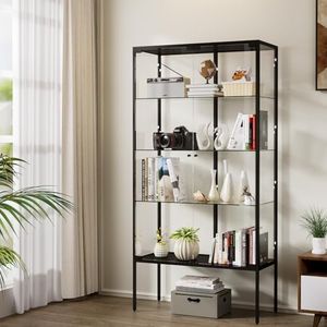 Stacked Glass Display Cabinet with 4 Shelves 2 Doors, 5mmTempered Glass, Steel Frame, 80cm x 35cm x 160cm, Storage Caninet Collections Display Shelf Home Storage for Bedroom, Living Room, Black