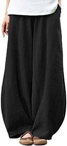 IXIMO Women's Casual Cotton Linen Baggy Pants with Elastic Waist Pleated Tapered Capri Trousers with Pockets - Black - XX-Large