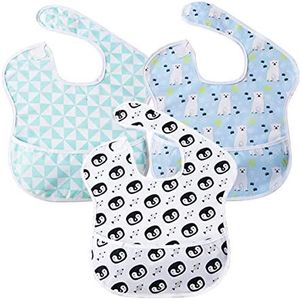 Little Dimsum 3 pack Baby Bibs Waterproof Bib Easy to Clean Feeding Bibs Weaning Bibs Adjustable Closed for Babies Toddlers with Large Pocket 6-36Months(Penguin & Bear & Triangle)