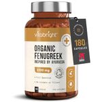 Organic Fenugreek Capsules, 2250mg High Strength, 180 Capsules (not Tablets, not Powder), 60 Day Supply, Supports Healthy Blood Sugar Levels & Healthy Cholesterol, Vegan, for Women & Men, VitaBright