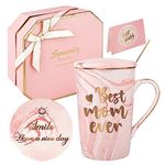 Best Mom Ever Mug,Birthday Gifts for Mum, Mama, Mom Funny Pink Gifts Set Coffee Mugs for Mother, Mother’s Day Gifts,Ceramic Marble Coffee Mug Tea Cup with Lid, Gold Spoon and Gift Box 14oz Pink