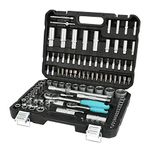 DURATECH Professional Socket Set 108-Piece, 1/2" and 1/4" Square Drive Quick Release Ratchet Socket Set with Carrying Box, Cr-V Sockets, S2 Bits, Universal Joints and Extension Bars