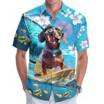 Dog Hawaiian Shirt for Men, Summer Vacation Dog Men's Button Shirt, Aloha Beach Casual Short Sleeve Shirt Unisex, Dachshund Dog Surfing, M