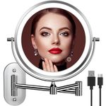 Auxmir Rechargeable Wall Mounted Lighted Makeup Mirror, 8" Double Sided 1X/20X Magnifying Vanity Mirror, 3 Color Lights Touch Dimmable Bathroom Cosmetic with 360° Swivel 13 Inch Extendable Arm, Chrome