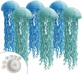 Jelly Fish Paper Lanterns, Under The Sea Party Decortions, 6pcs Lantern with Rope&Hooks for Mermaid Underwater World Ocean Themed Birthday Party Baby Shower Decor(Blue Light Blue)