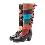 CrazycatZ Womens Leather Bohemian High Boots Splicing Floral Block Heel Patterned Long Boots (Multi, UK Footwear Size System, Adult, Women, Numeric, Medium, 6)