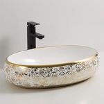 BASSINO Art Wash Basin Countertop, Tabletop Ceramic Bathroom Sink/Basin (600 x 400 x 150 mm) (White Gold)