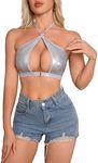 OYOANGLE Women's Pu Leather Lingerie Crisscross Cut Out Halter Bralette No Padded Backless Bra Silver Small