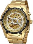 Fanmis Mens Skeleton Automatic Golden Watch with Stainless Steel Bracelet Watch