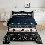 Castle Fairy Western Cowboy Horseshoe Twin Size Comforter Set,Rustic Farmhouse Quilt Set Soft Bed Collection,Bohemian Exotic Dark Blue Geometry Bedding Comforter for Boys Girls Room Decor,2 Pcs